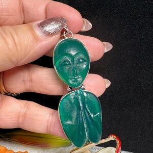 Green carved Namaste cameo face and Silver Pendant